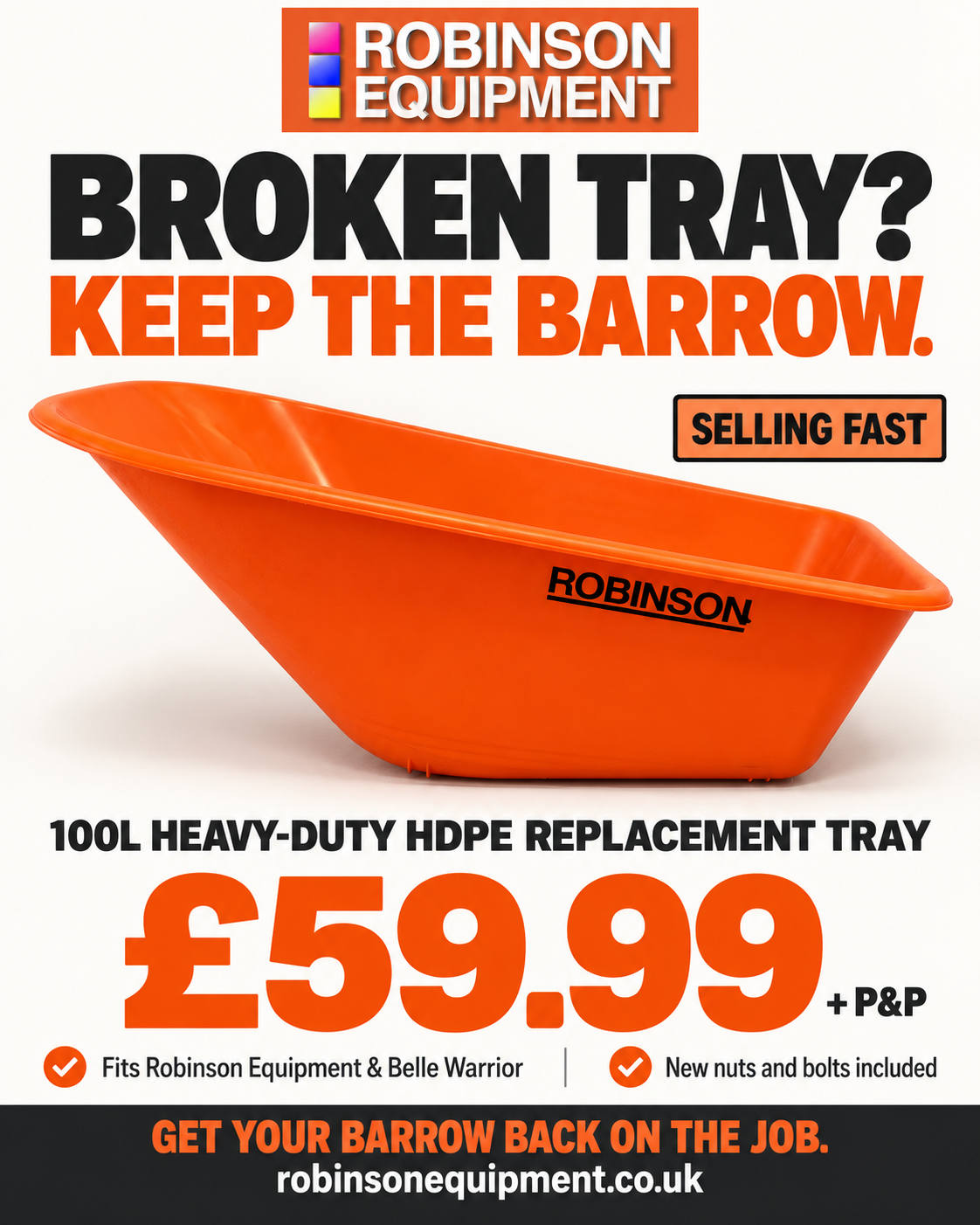 Orange Robinson 100L HDPE replacement wheelbarrow tray.