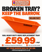 Broken tray? Keep the barrow. Robinson 100L HDPE replacement tray, £59.99 plus postage and packing. Fits Robinson Equipment and Belle Warrior wheelbarrows; new nuts and bolts included.
