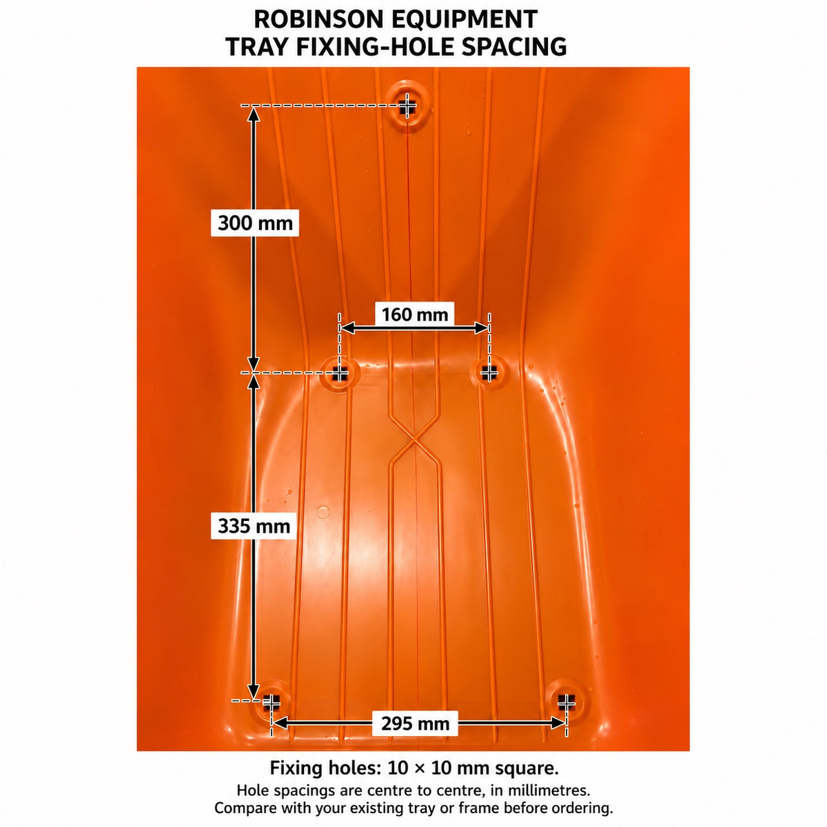 Robinson tray fixing-hole diagram: 300 mm and 335 mm row spacing, 160 mm and 295 mm across pairs; five 10 × 10 mm square holes.